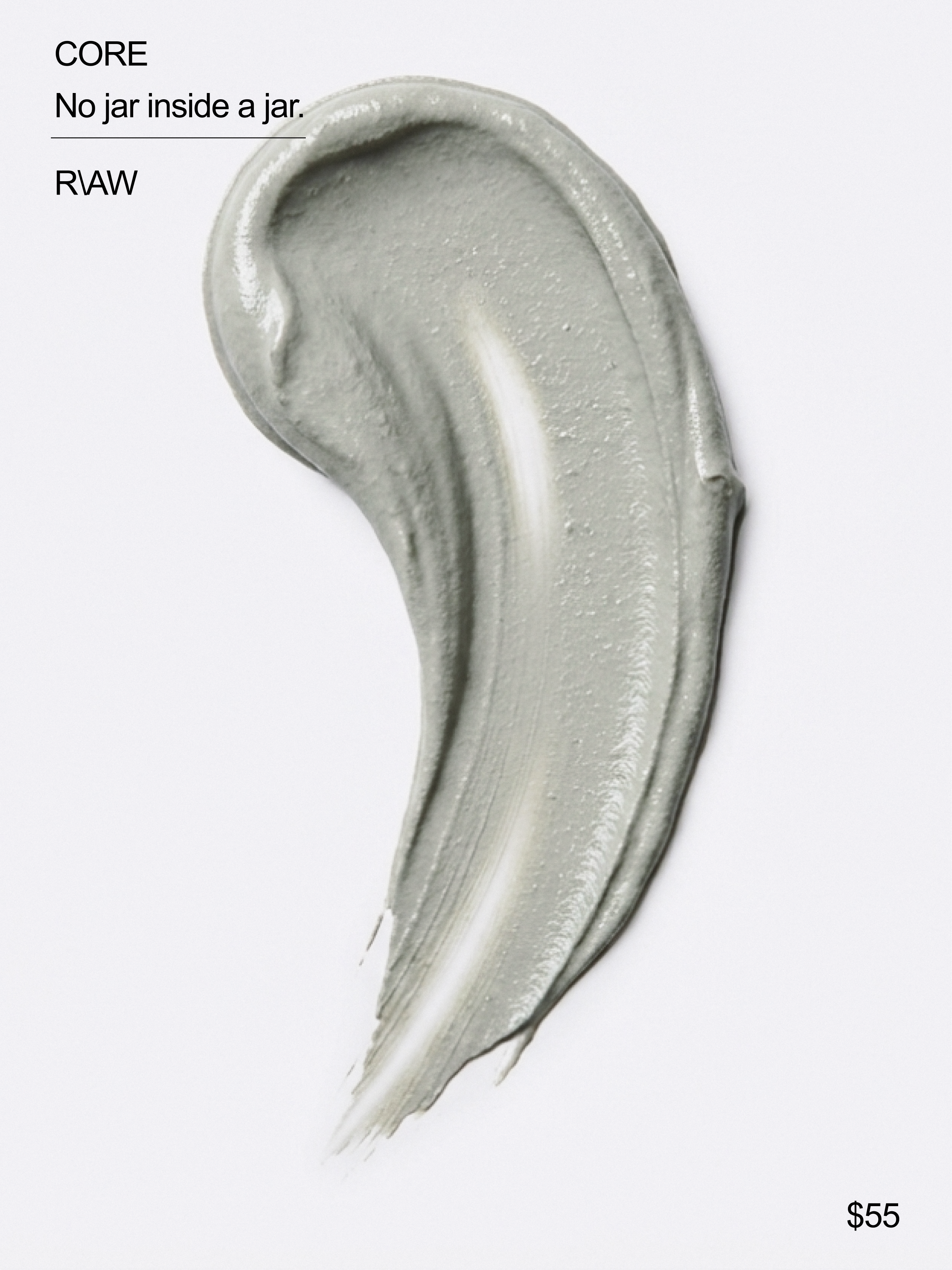 3D product rendering and cosmetic packaging design showcasing a smooth clay mask texture swatch for R\AW clay skincare 