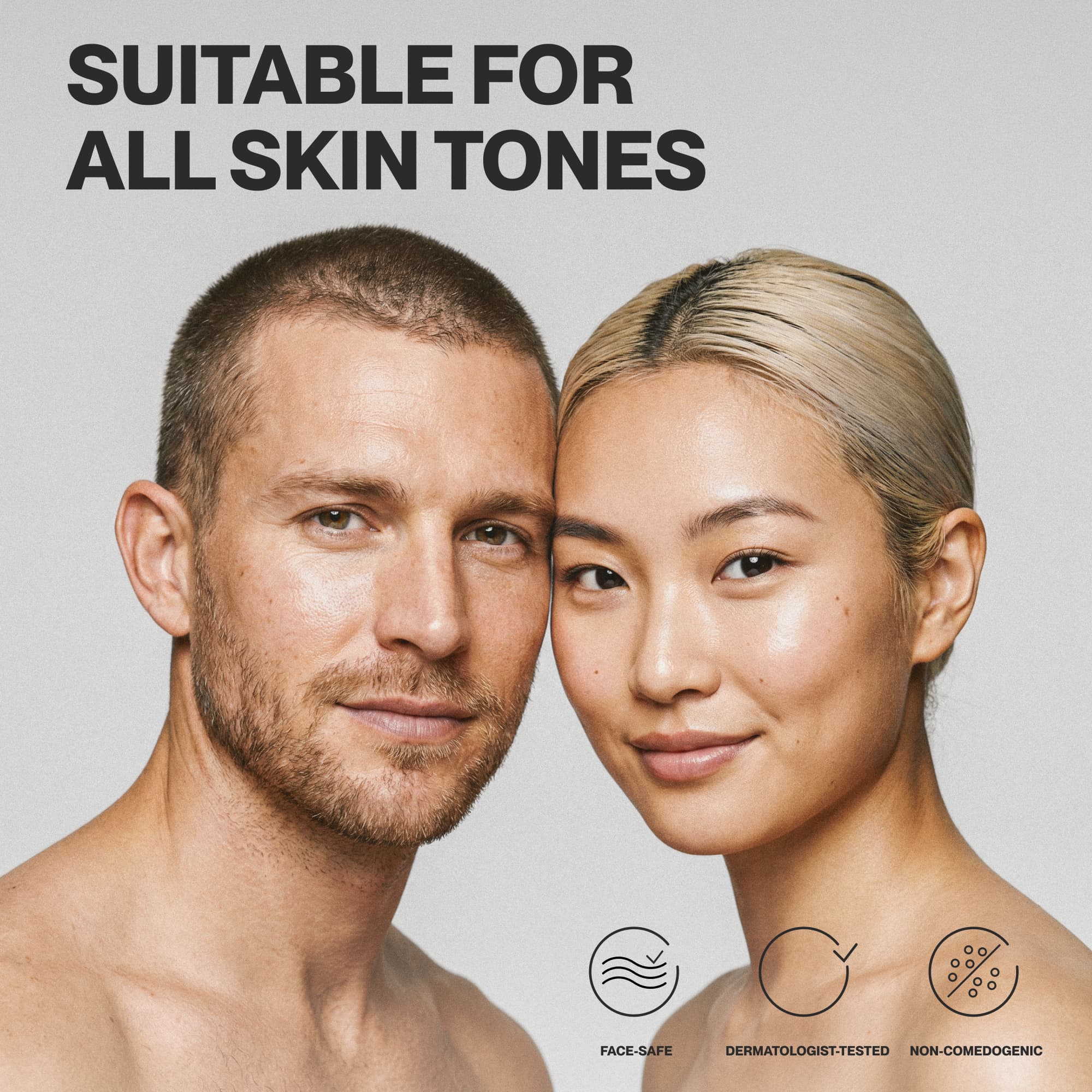 Minimalist cosmetic brand content layout and premium Amazon infographic design showcasing diverse models and skincare benefit icons
