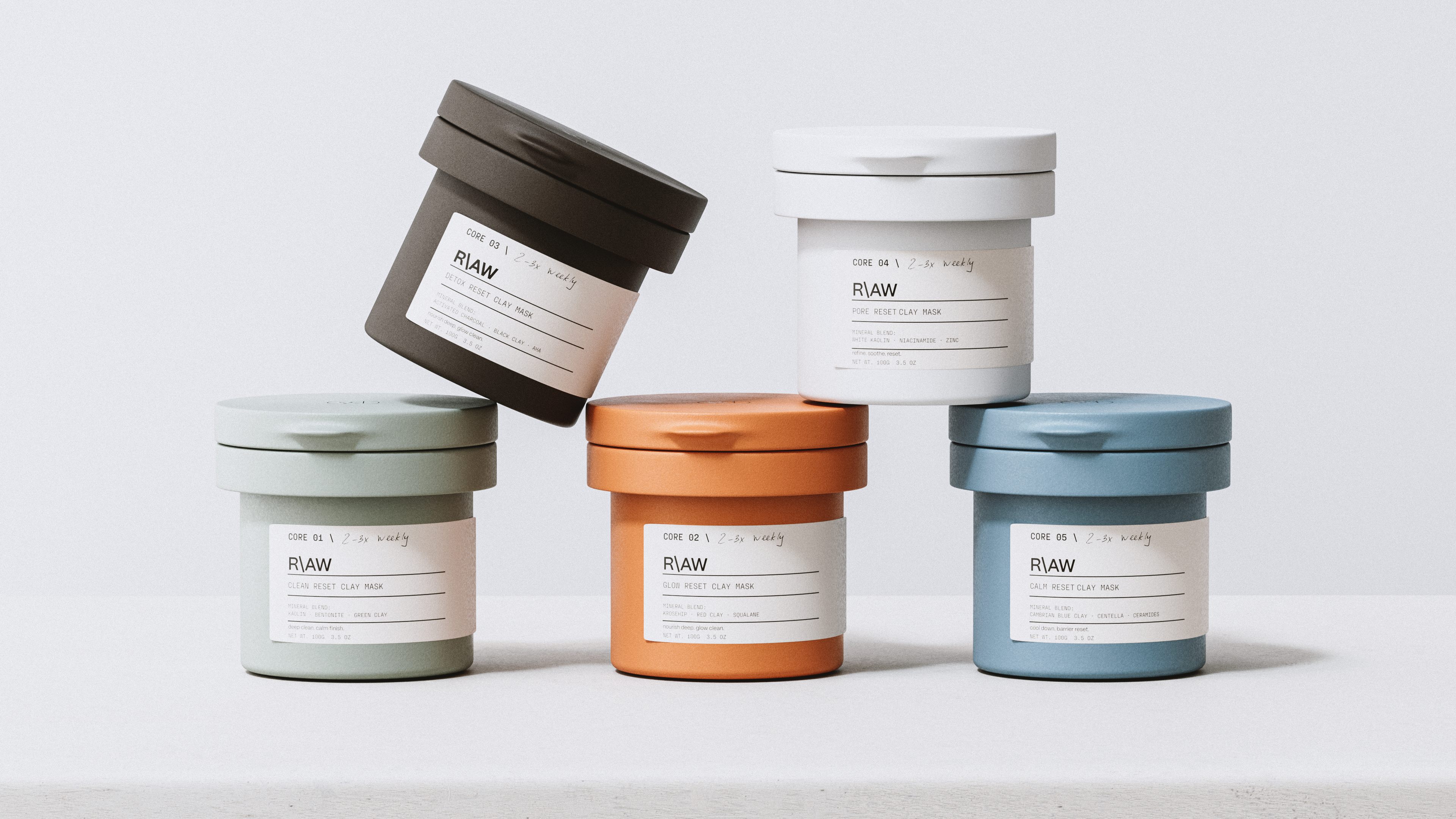 Photorealistic 3D product rendering and premium skincare packaging design showcasing the R\AW minimalist clay mask jars lineup