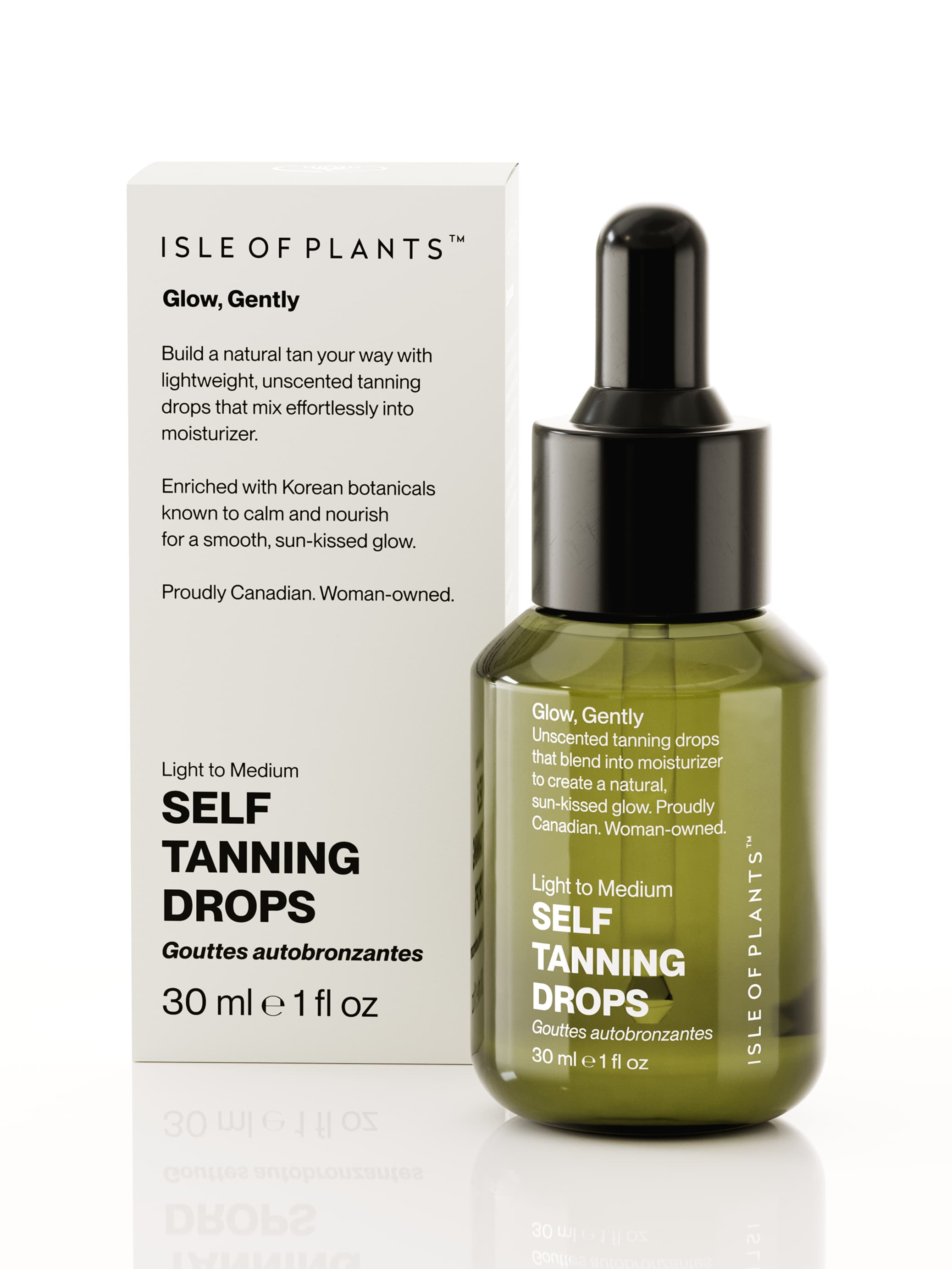 Photorealistic 3D product rendering and premium skincare box packaging design showcasing Isle of Plants cosmetic self-tanning drops
