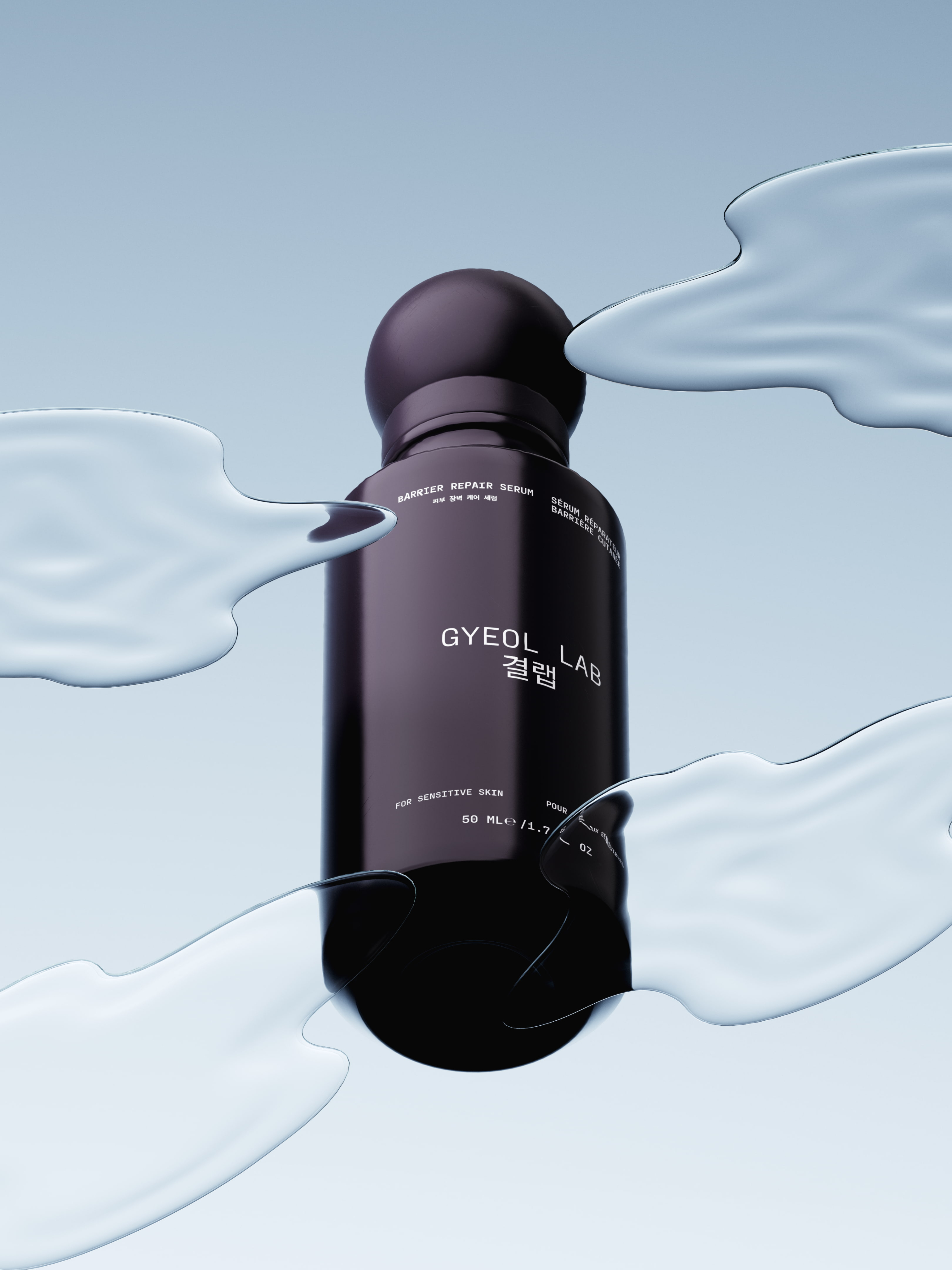 3D cosmetic bottle rendering and premium skincare packaging design showcasing a luxury serum bottle with clear liquid texture swatches for Gyeol Lab