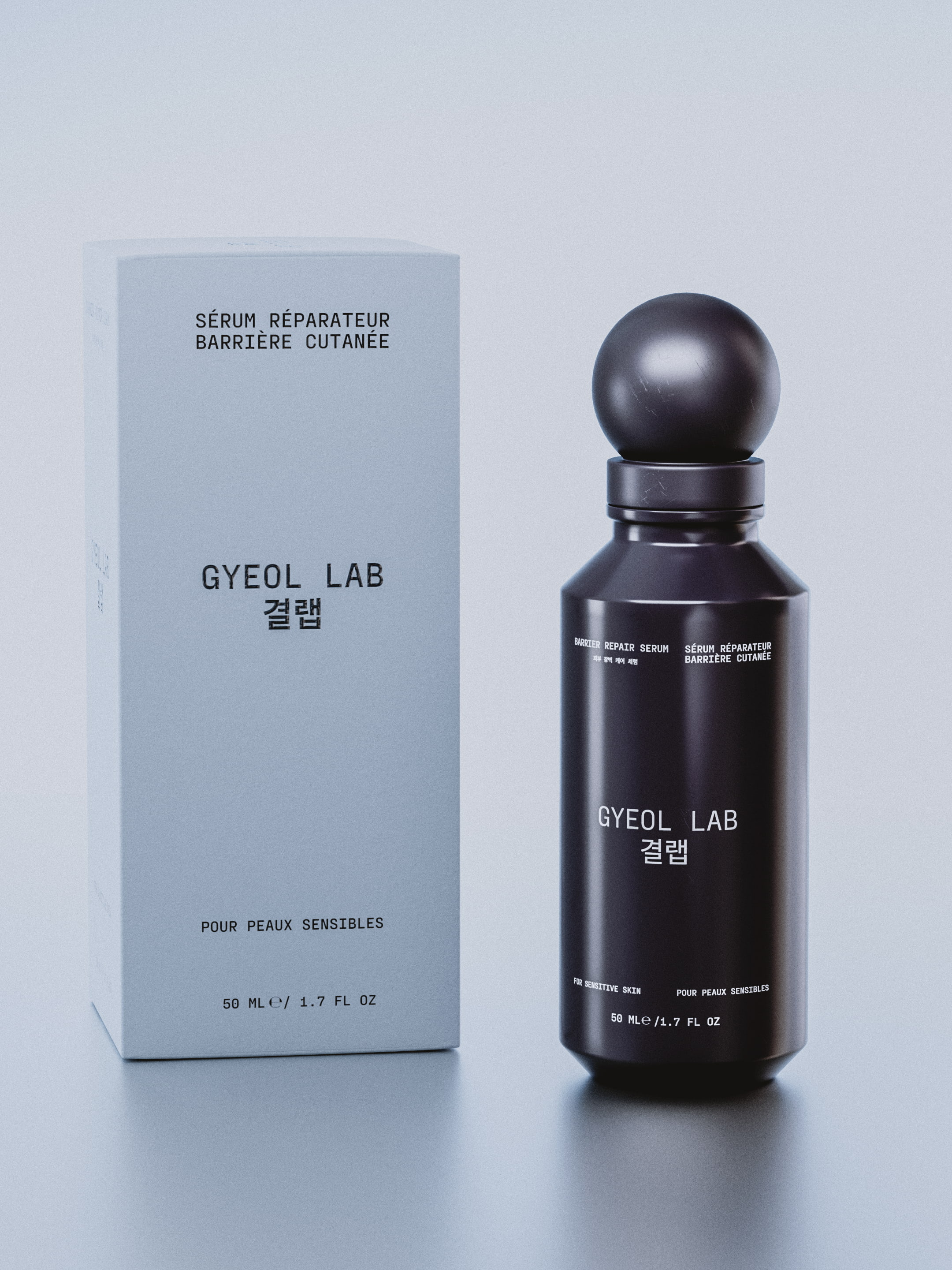 Photorealistic 3D cosmetic bottle rendering and premium skincare packaging design showcasing a luxury cobalt blue serum bottle for Gyeol Lab
