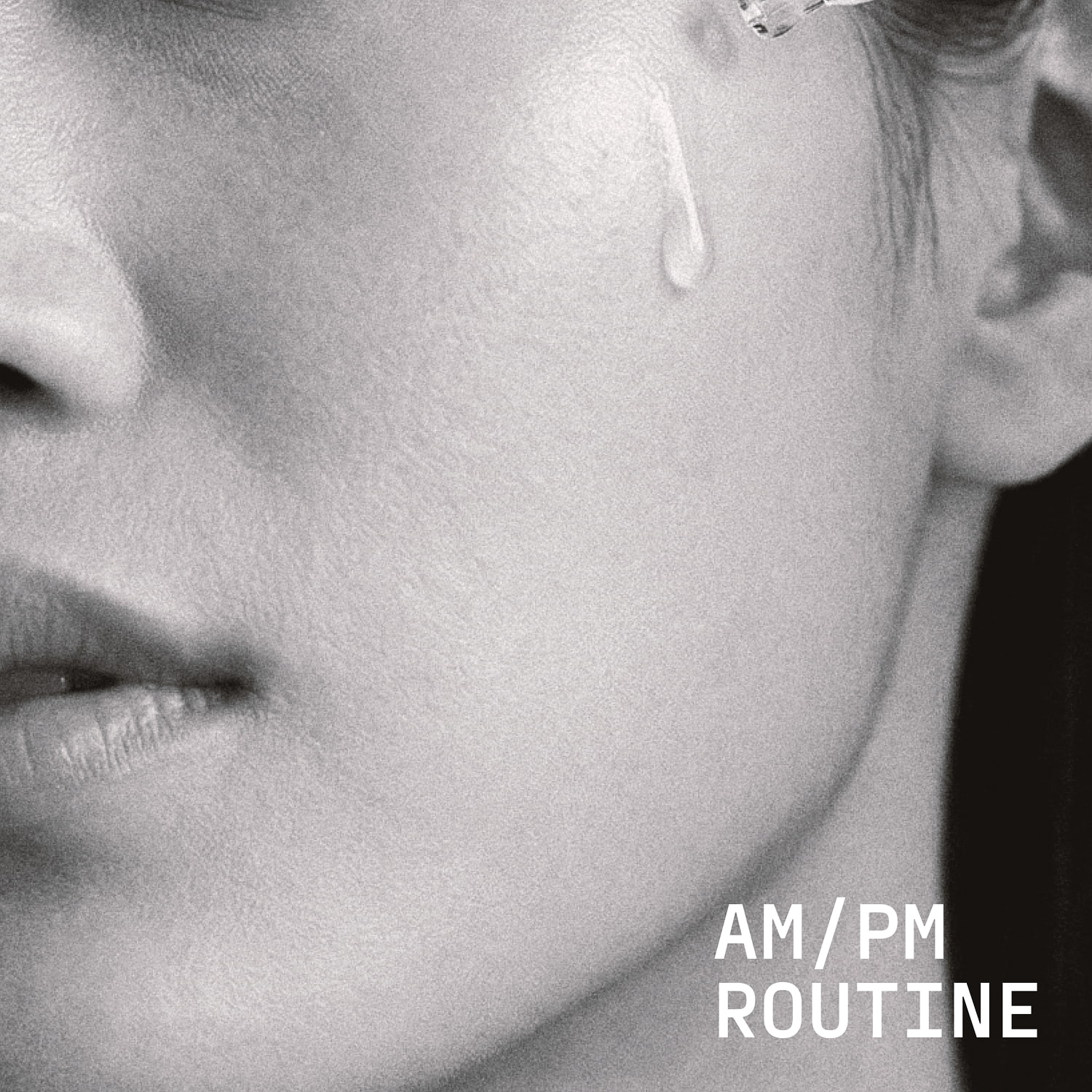 Web product imagery for an online cosmetics store showcasing a close-up of a female model with a serum liquid drop on her cheek