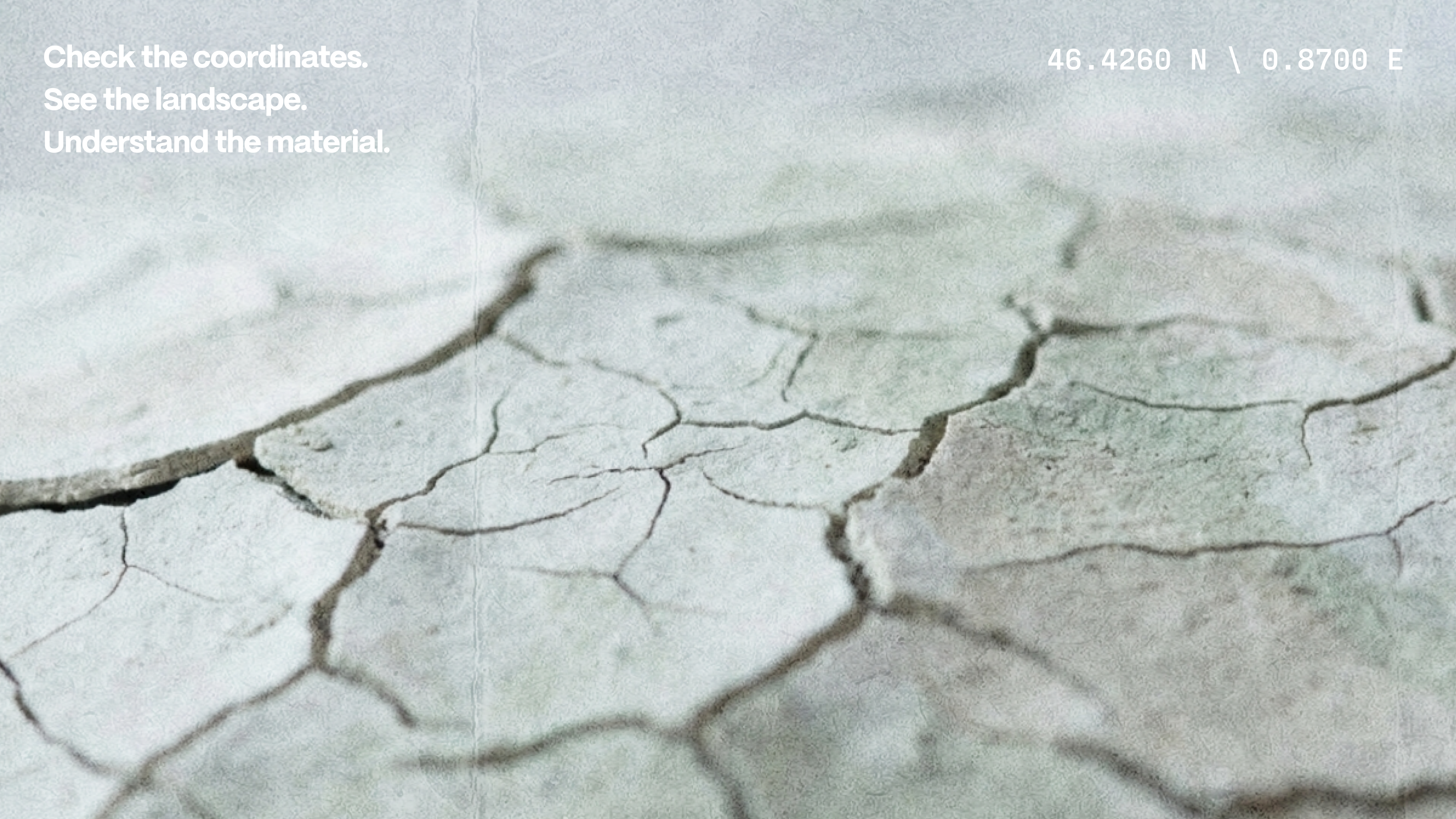 Creative art direction and visual storytelling campaign showcasing macro mineral textures and geographic coordinates for R\AW skincare brand identity