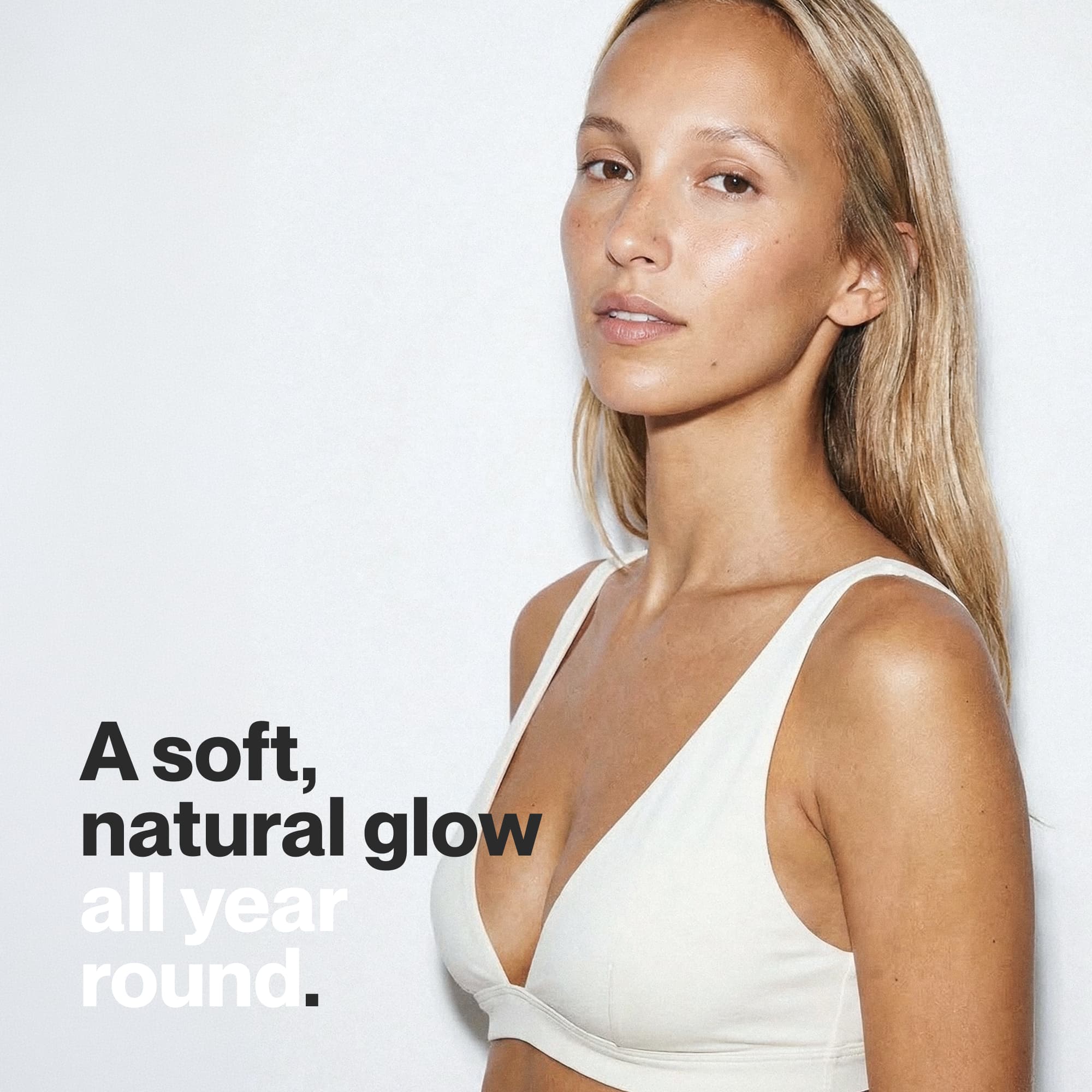 Premium beauty campaign photography and intentional digital commerce assets showcasing a modern self-tanning line interface