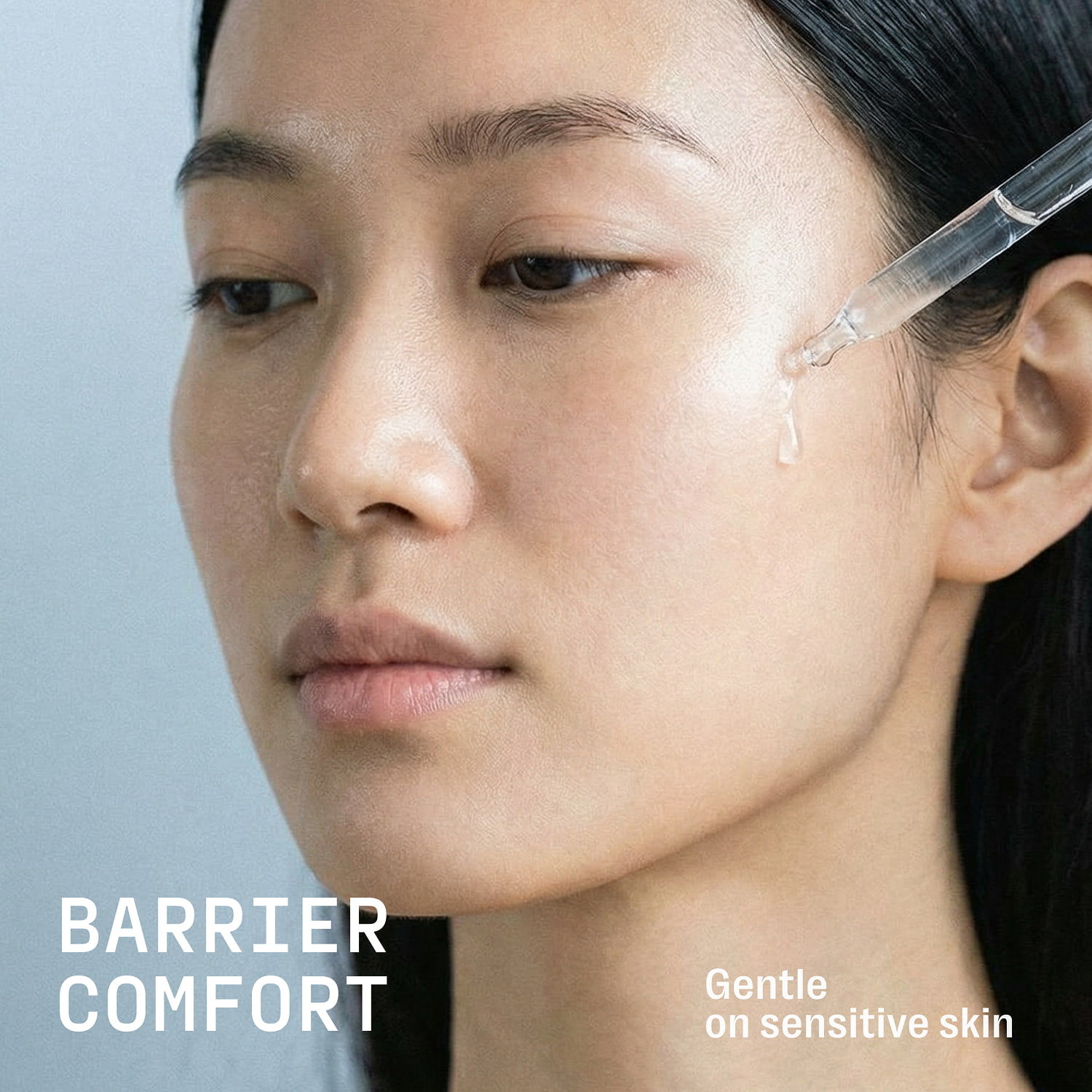 E-commerce web design asset for product description showcasing a close-up of a female model applying a gentle skincare serum with clean typography
