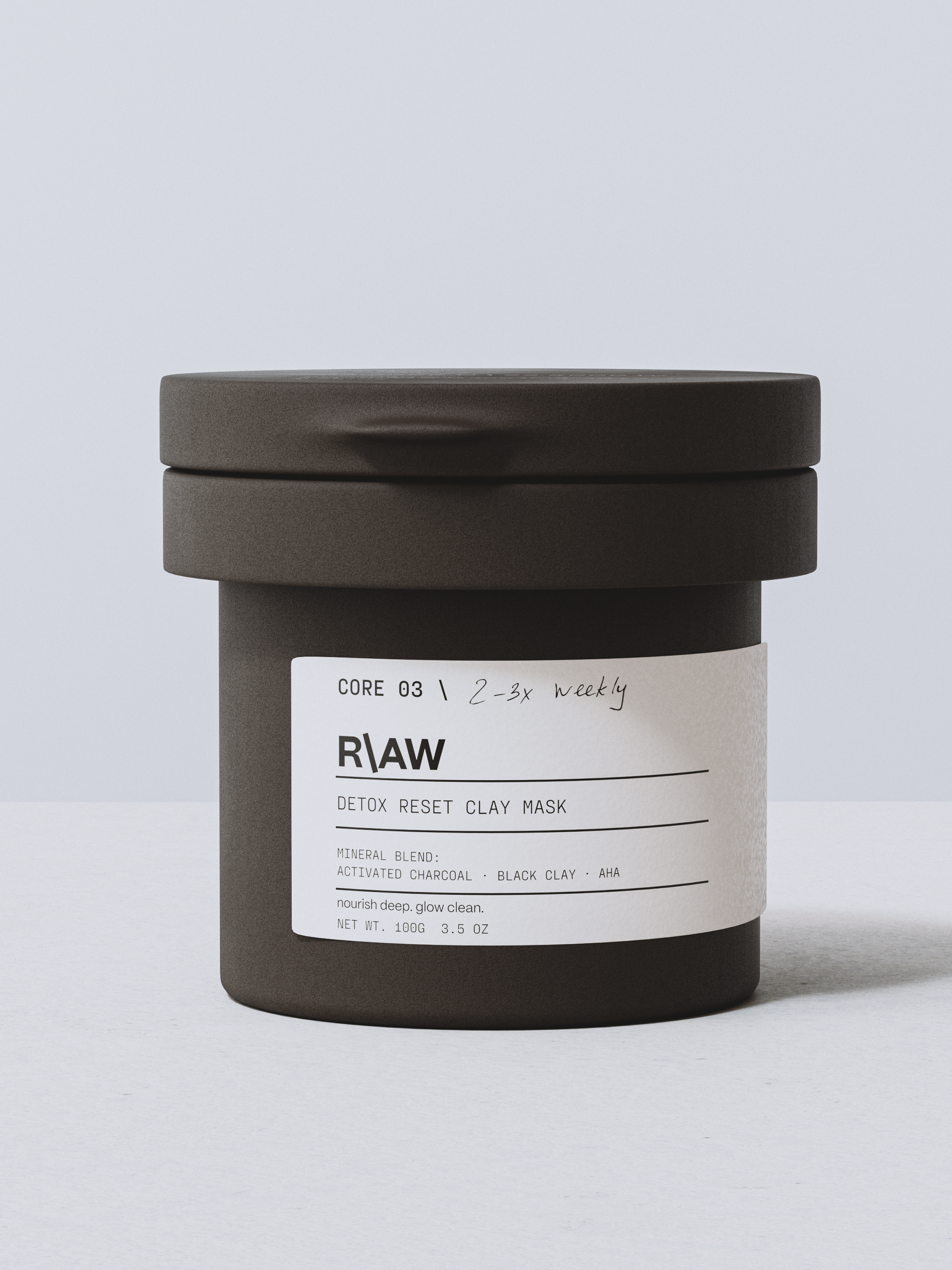 3D product rendering and skincare packaging design showcasing the R\AW dark clay mask jar and clean label layout