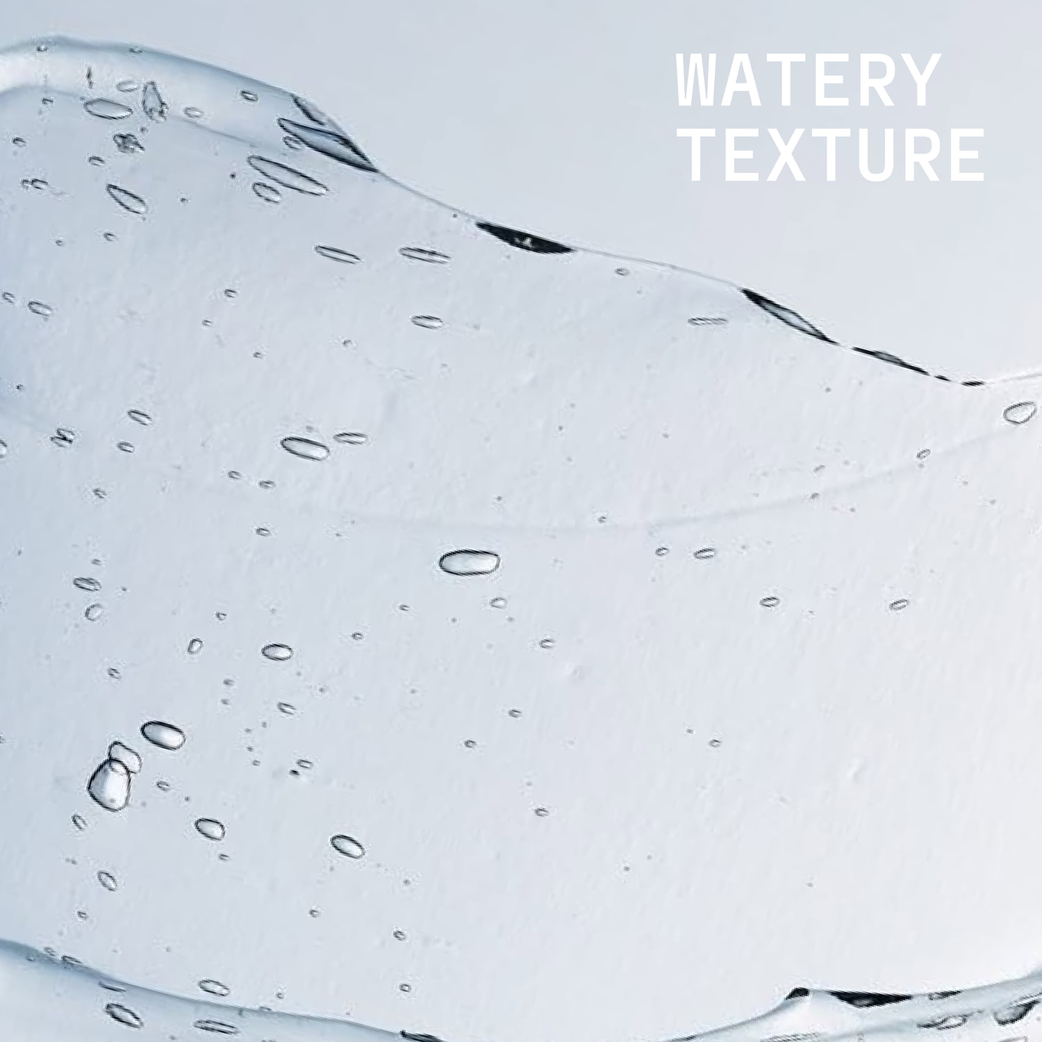 E-commerce web store asset for product description showcasing a macro view of a clear liquid gel texture with water bubbles