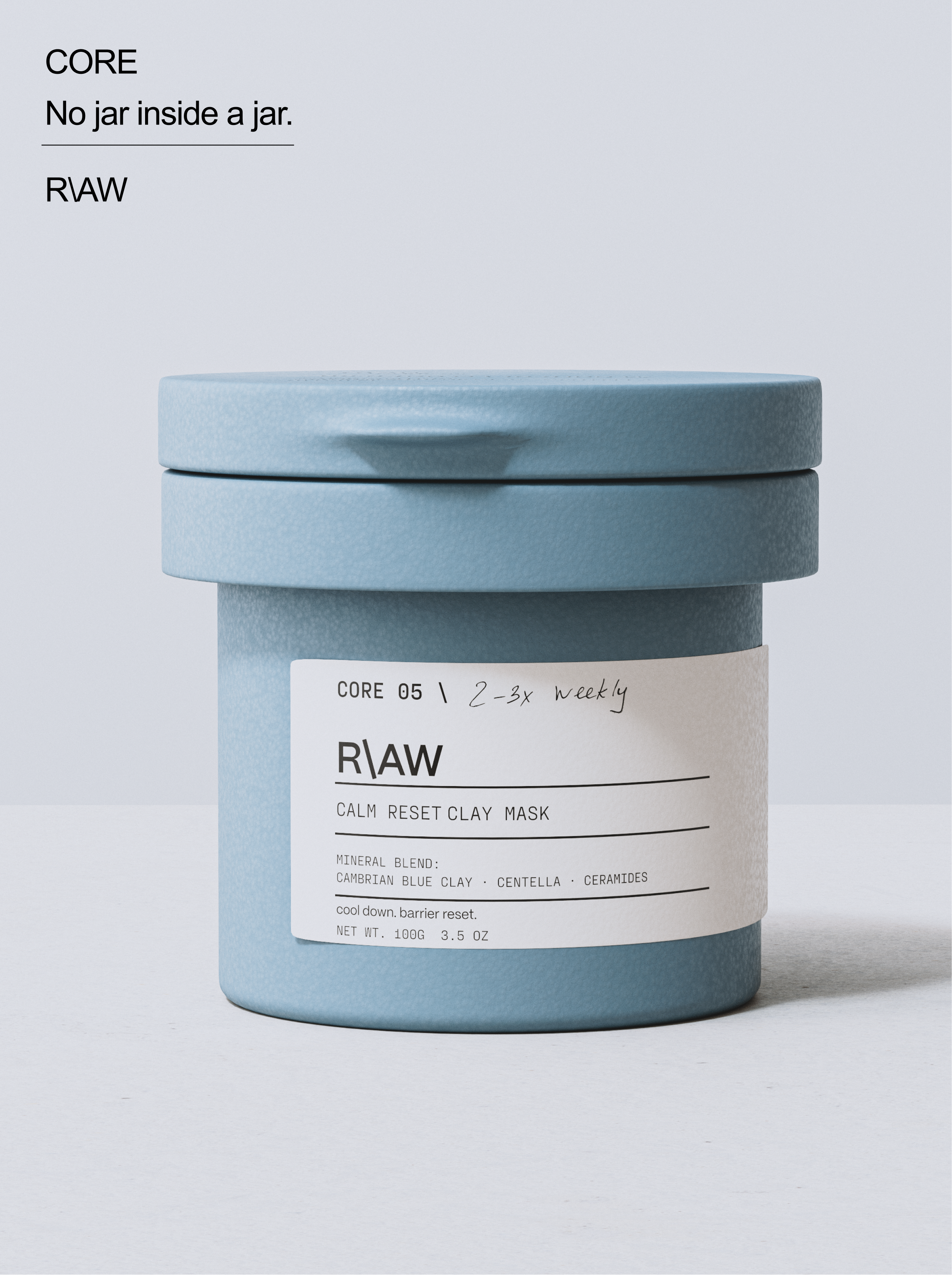 3D product rendering and skincare packaging design showcasing the R\AW dark clay mask jar and clean label layout