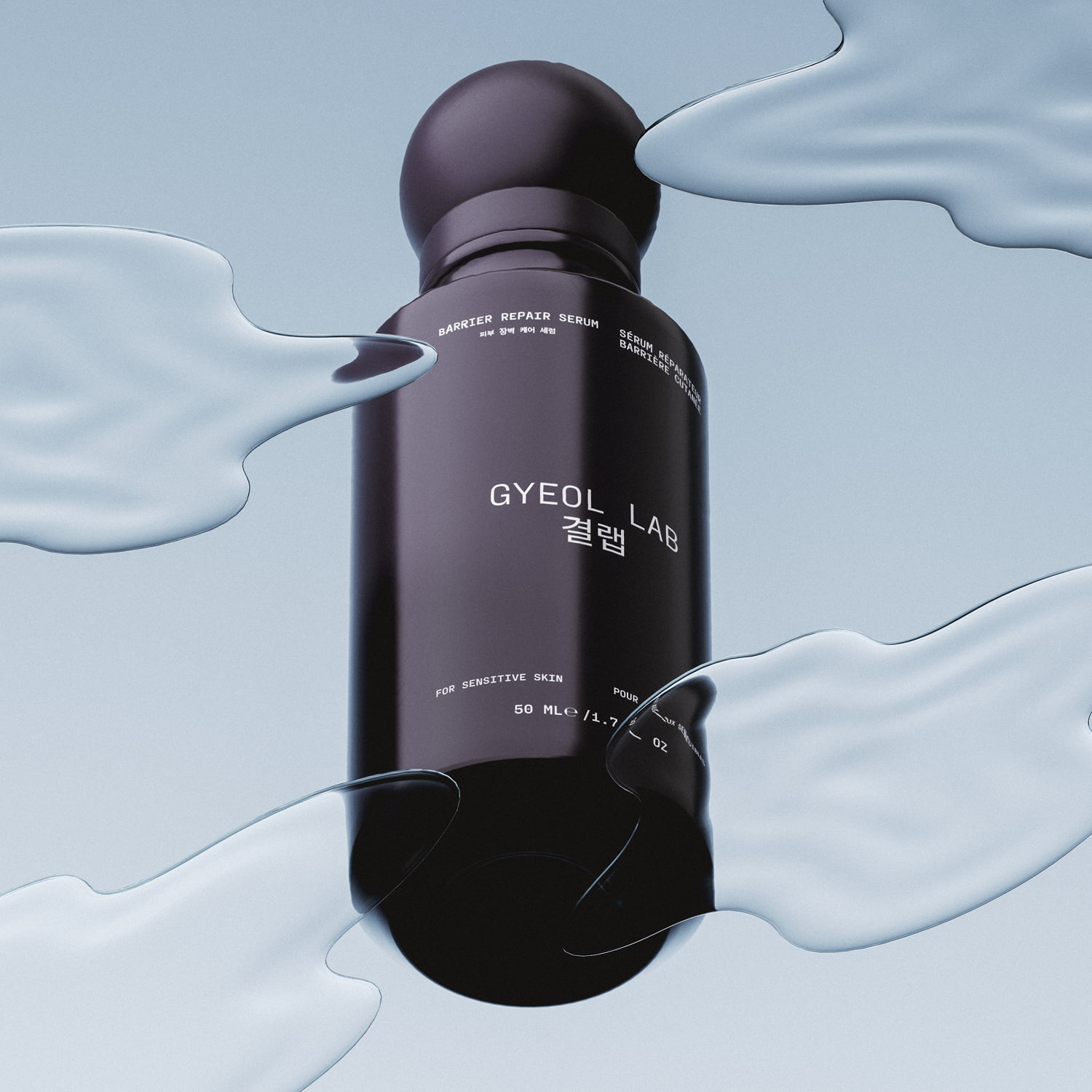 Photorealistic 3D product rendering for web store layout showcasing a dark cobalt glass bottle with clear liquid serum texture swatches