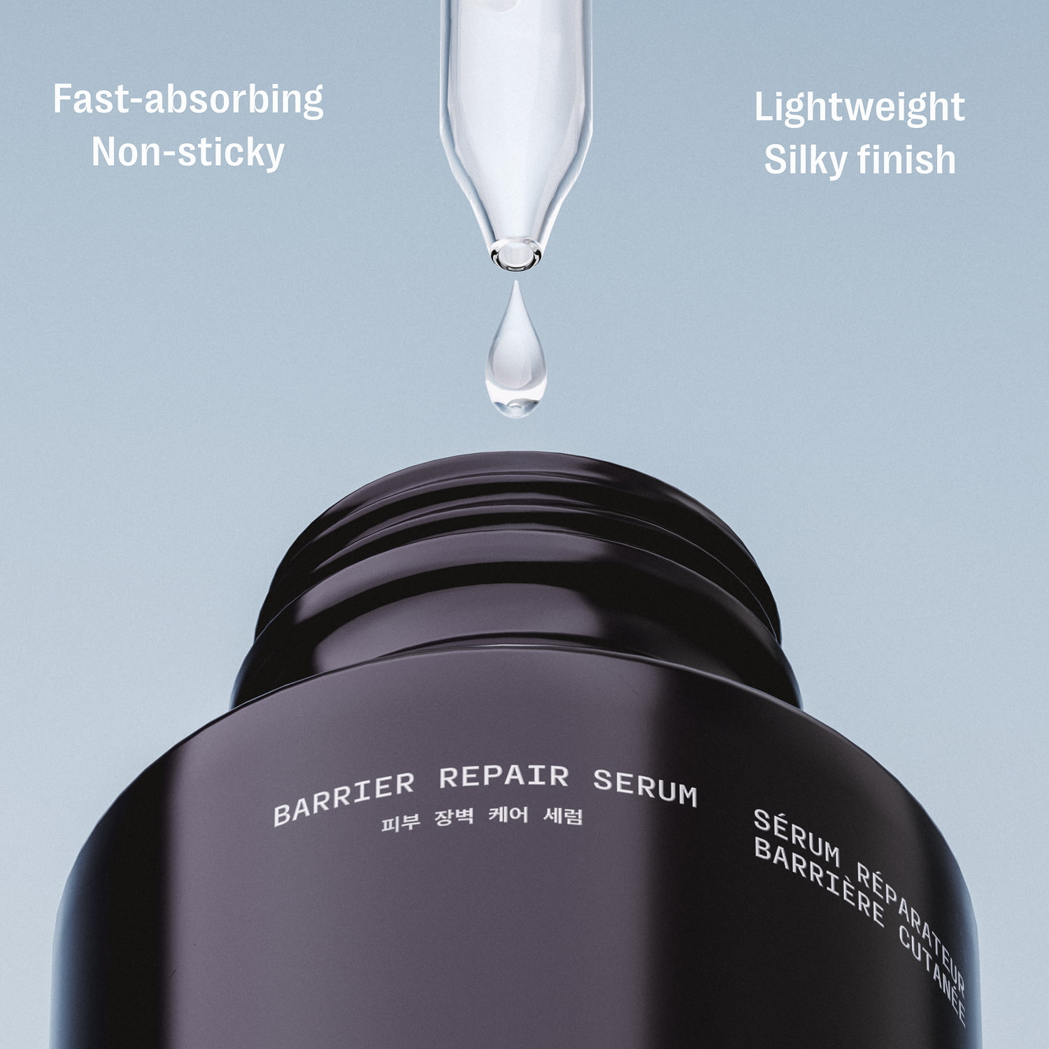 Amazon store design content showcasing a 3D rendering of a pipette dropper over a dark cobalt glass serum bottle with product benefits typography