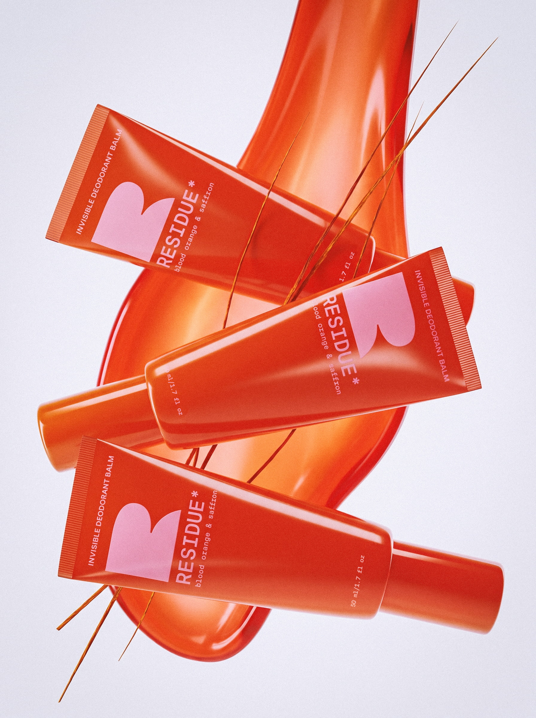 Photorealistic 3D product rendering and creative art direction showcasing orange deodorant balm tubes for Residue beauty brand
