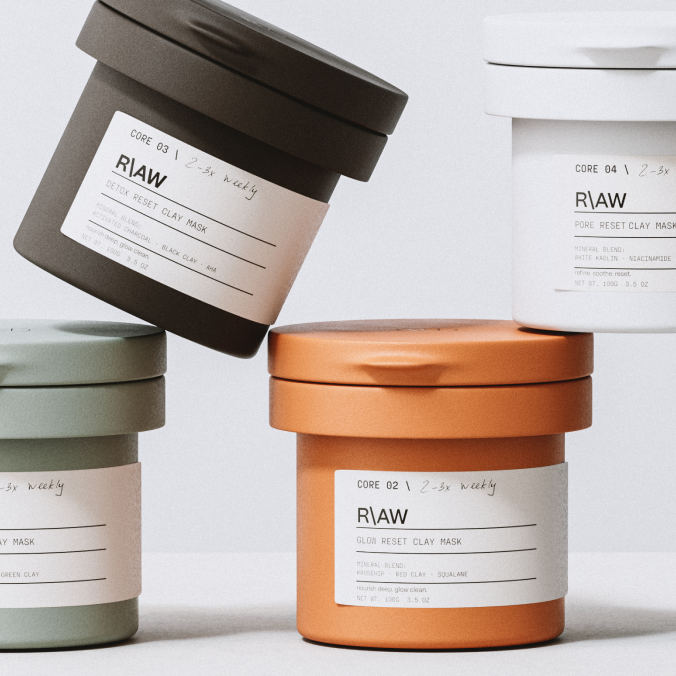 Photorealistic 3D product rendering and premium skincare packaging design showcasing the R\AW minimalist clay mask jars lineup