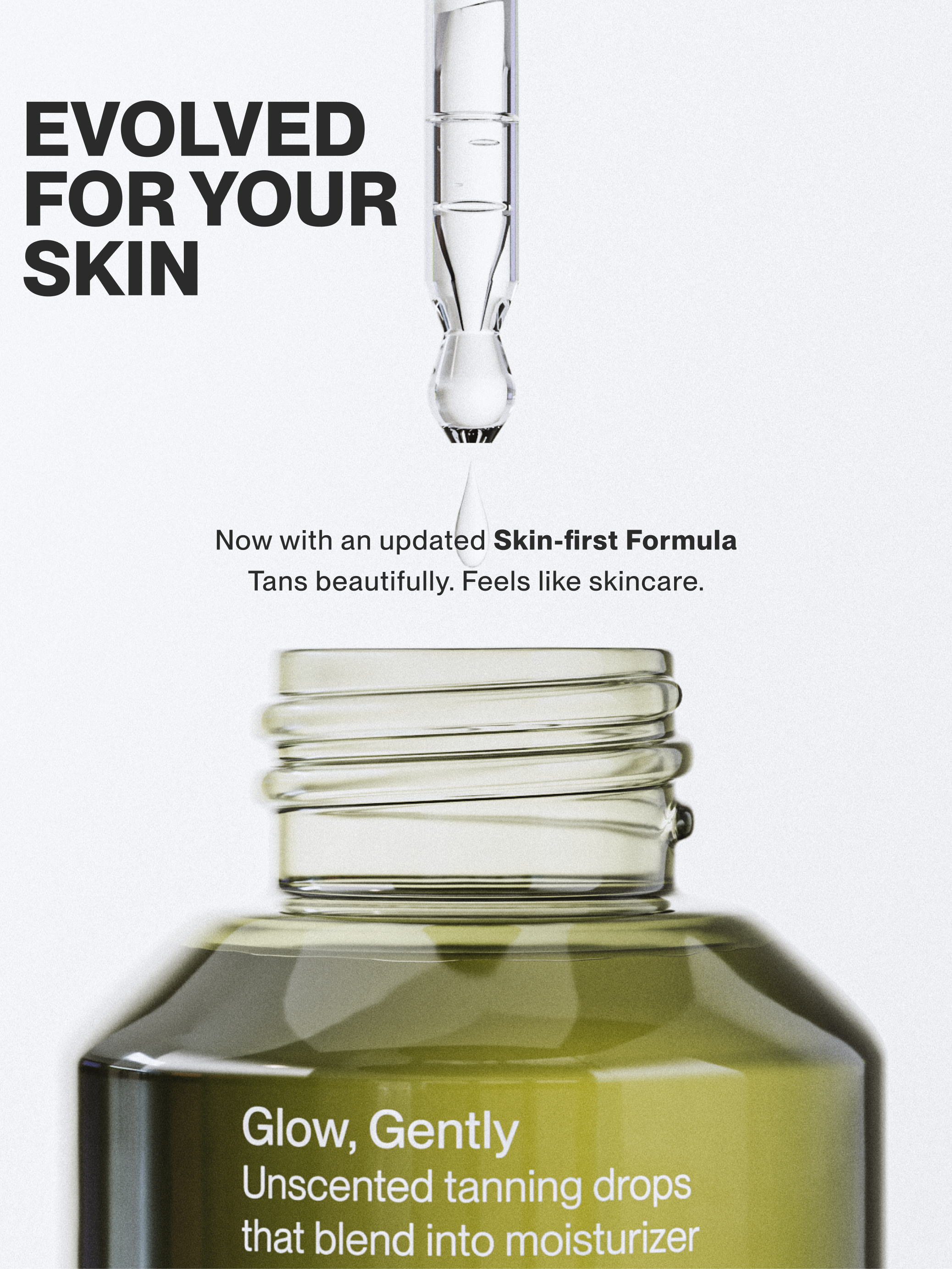 Photorealistic 3D macro rendering and premium skincare packaging design showcasing a luxury glass bottle and pipette dropper for self-tanning drops