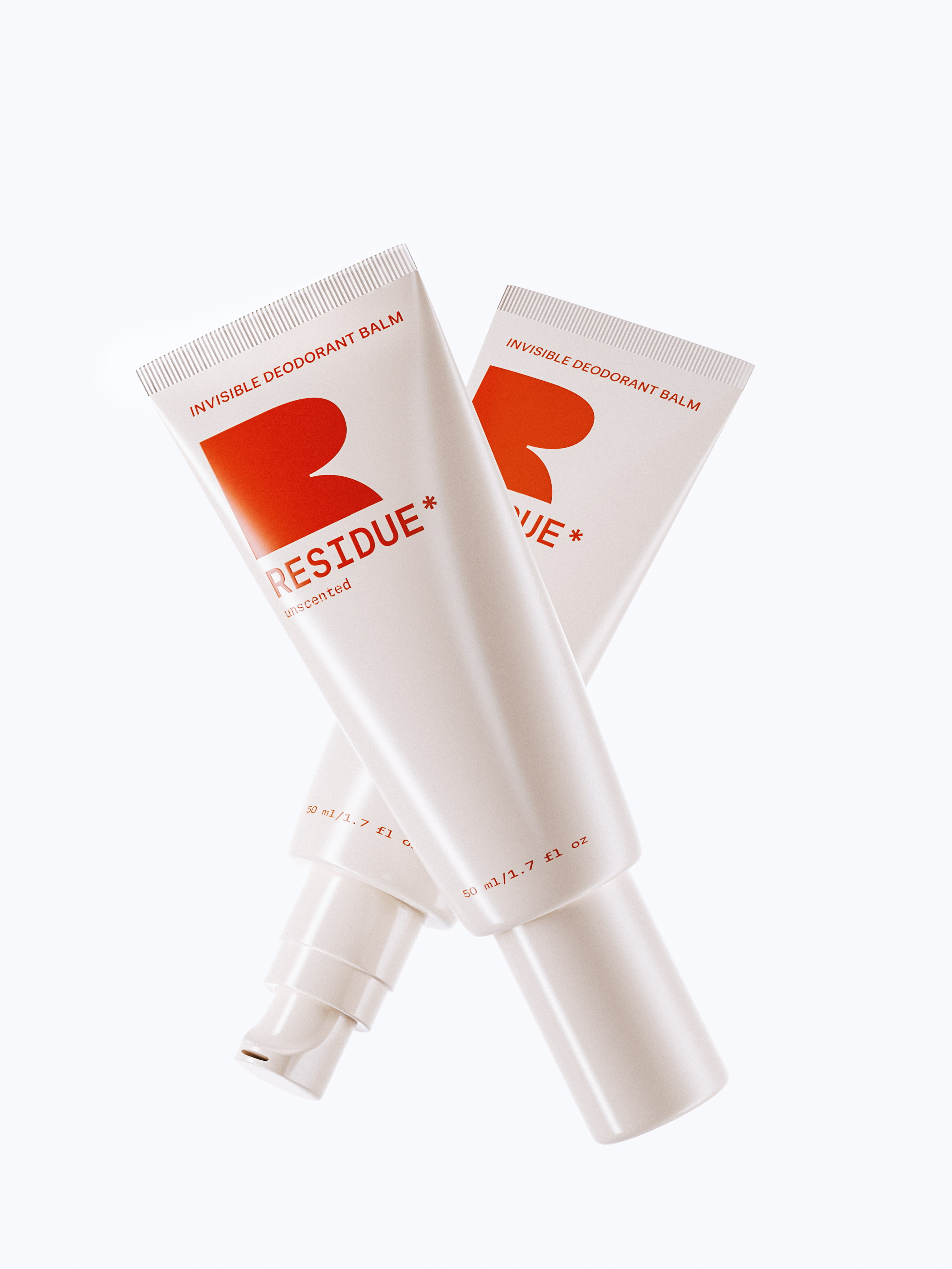 Photorealistic 3D product rendering and premium cosmetic packaging design showcasing white deodorant balm tubes for Residue beauty brand