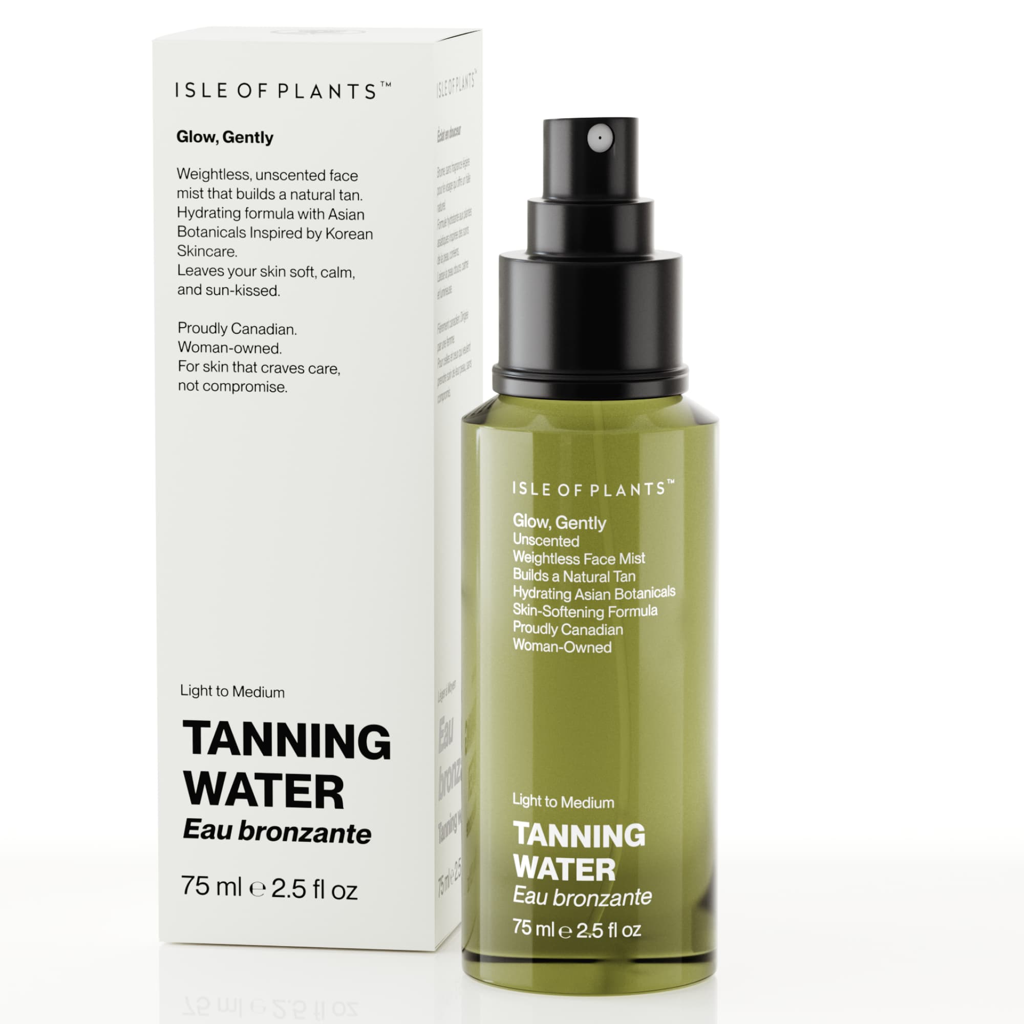 Photorealistic 3D product rendering and luxury cosmetic packaging design showcasing Isle of Plants tanning water spray and box layout