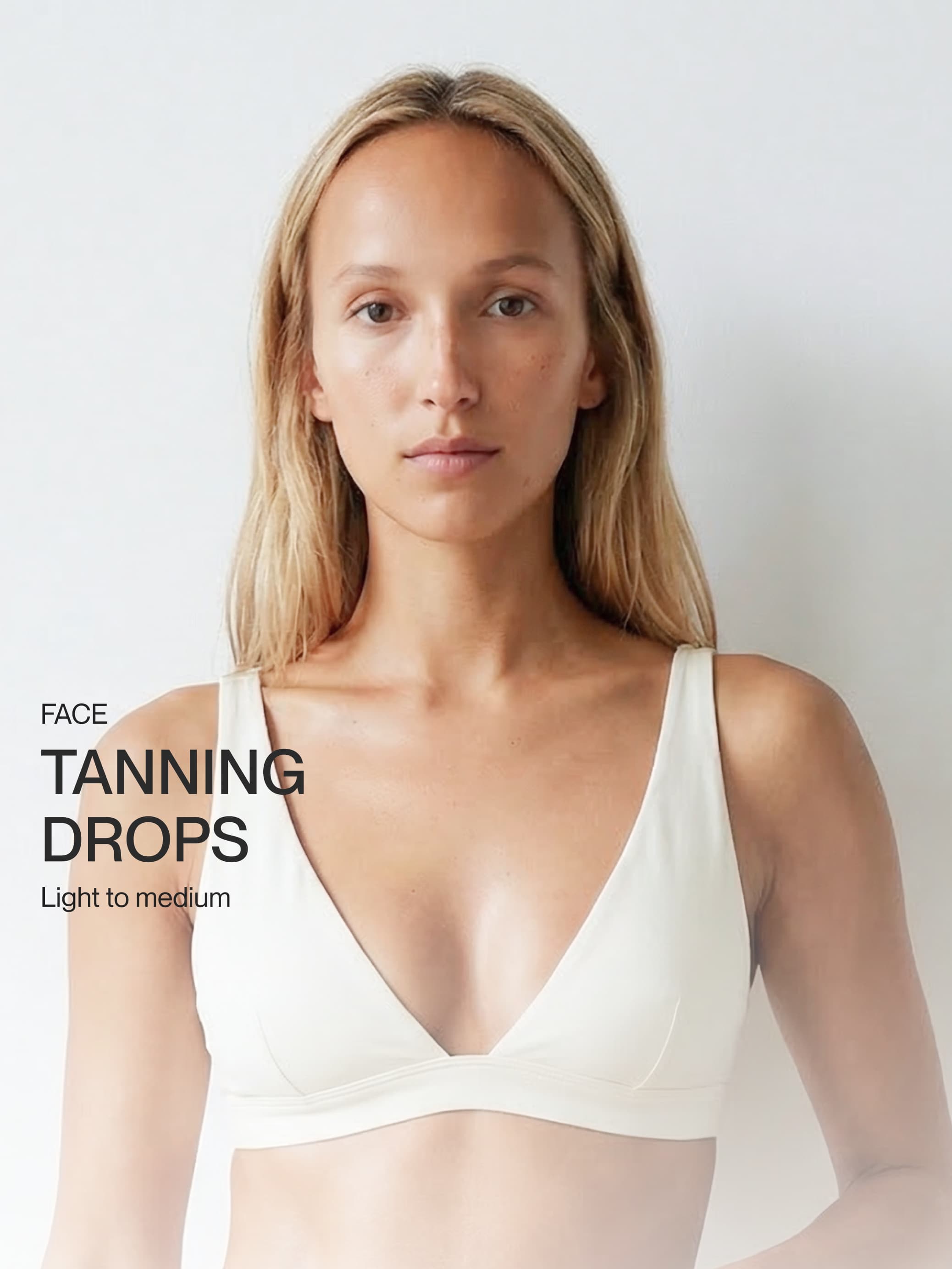 Premium beauty campaign photography and intentional skincare brand identity showcasing a female model for a sunless tanning line