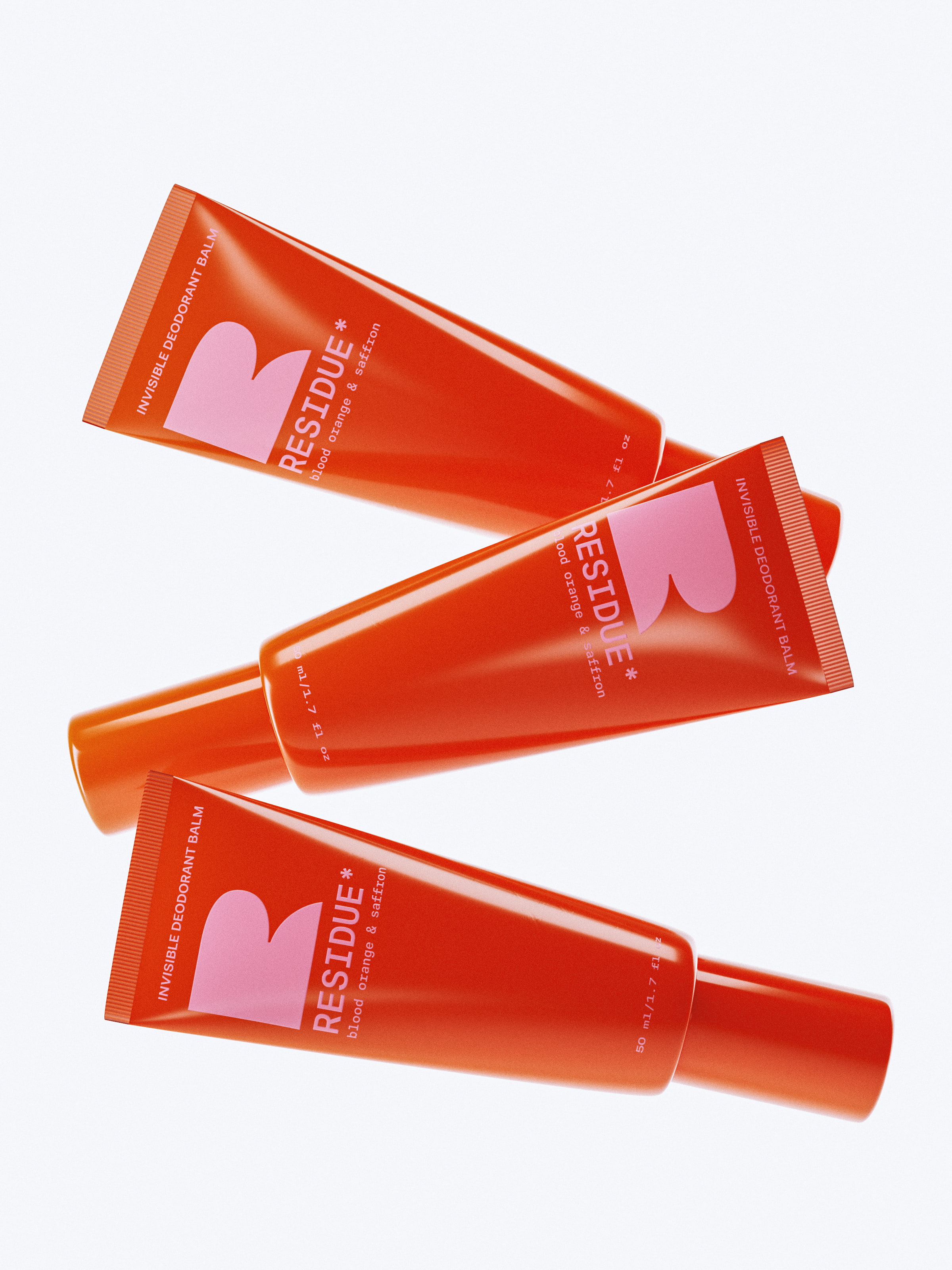 3D product rendering and premium cosmetic packaging design showcasing the Residue beauty brand identity system