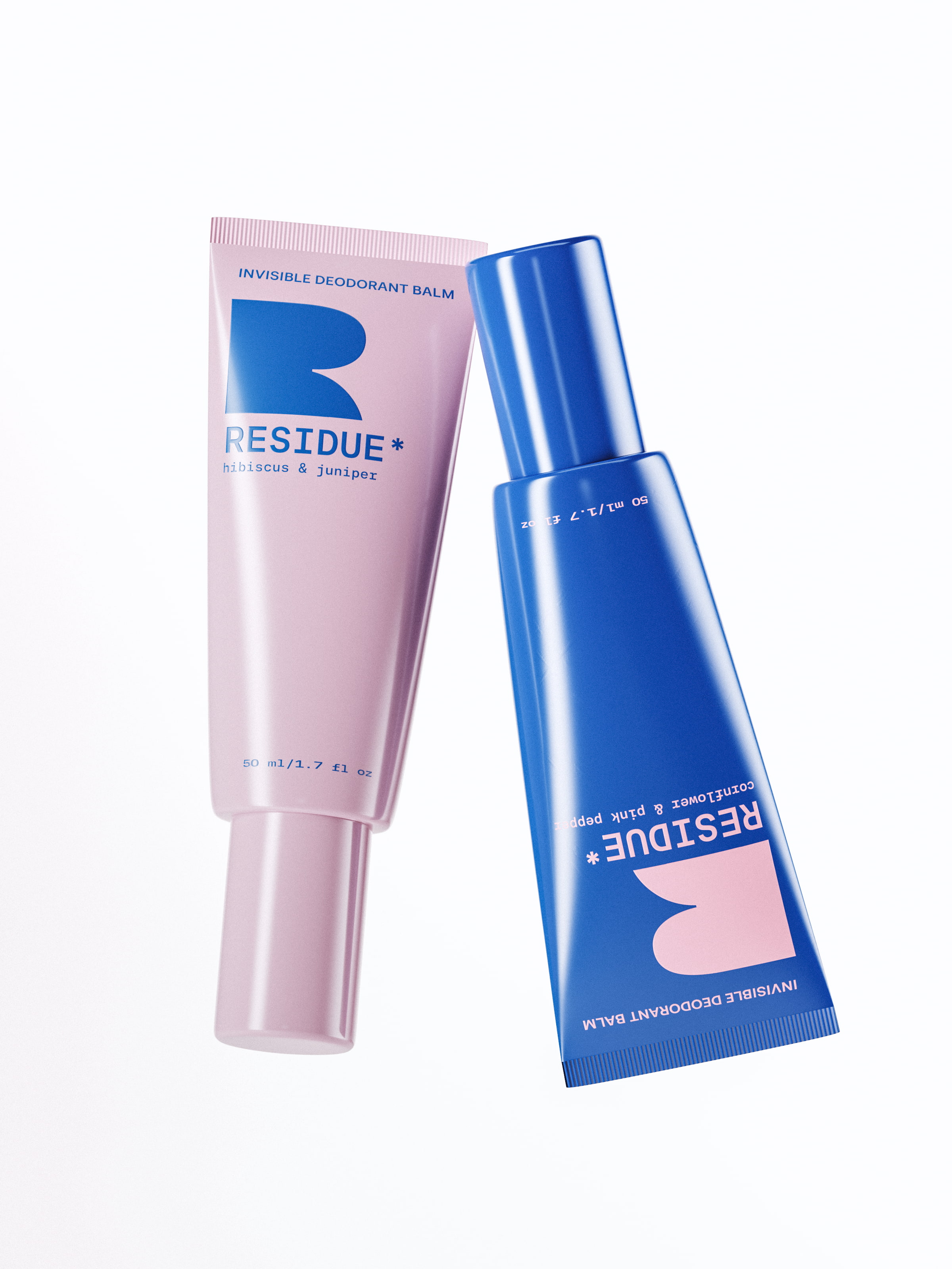 Photorealistic 3D product rendering and premium cosmetic packaging design showcasing pink and blue deodorant balm tubes for Residue beauty brand